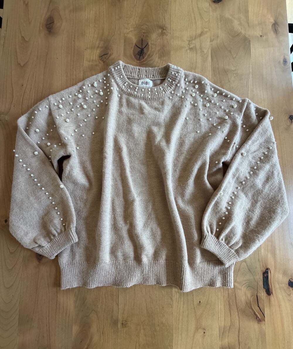 BiB! Women's Pearl Embellished Knit Pullover Sweater in Beige 1XL